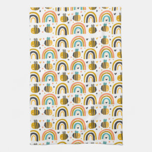 Cute Bumble Bee and Rainbows Pattern Tea Towel