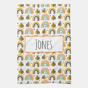Cute Bumble Bee and Rainbows Pattern Tea Towel