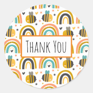 Cute Bumble Bee and Rainbows Pattern Thank You Classic Round Sticker