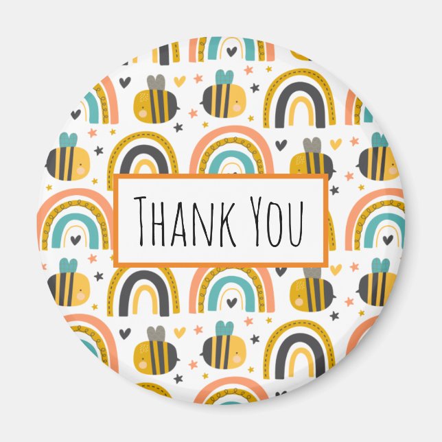 Cute Bumble Bee and Rainbows Pattern Thank You Magnet (Front)
