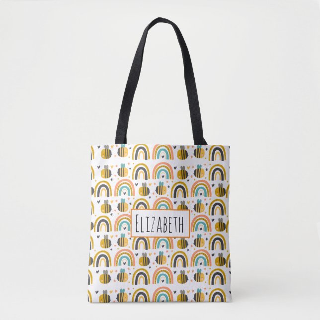 Cute Bumble Bee and Rainbows Pattern Tote Bag (Front)