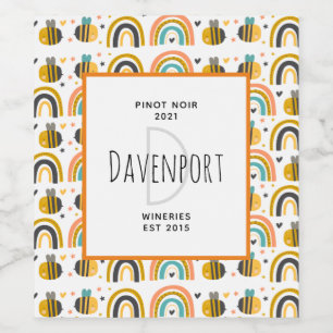 Cute Bumble Bee and Rainbows Pattern Winery Wine Label