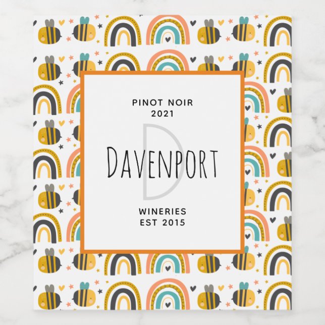 Cute Bumble Bee and Rainbows Pattern Winery Wine Label (Single Label)