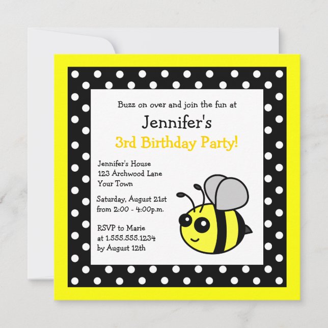 Cute Bumble Bee Birthday Black & Yellow Polka Dots Invitation (Front)