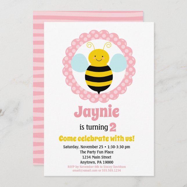 Cute Bumble Bee Girls Birthday Invitation (Front/Back)