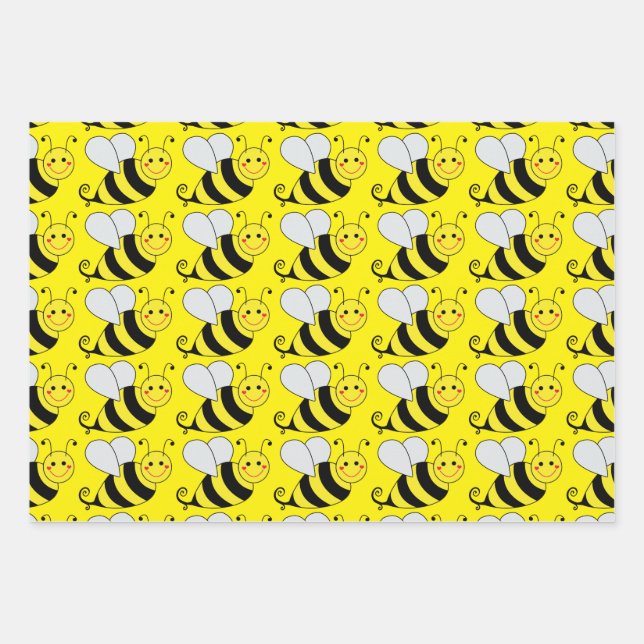 Cute Bumble Bee Pattern | Yellow Wrapping Paper Sheet (Front)