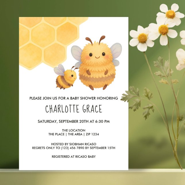 Cute Bumble Bee Personalised Baby Shower Invitation (Cute Gender Reveal What Will Baby Bee Baby Shower Invitation by Ricaso. Mom & Baby fluffy bumble bee)