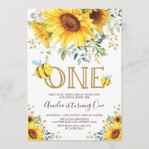 Cute Bumble Bee Sunflower Summer 1st Birthday Invitation