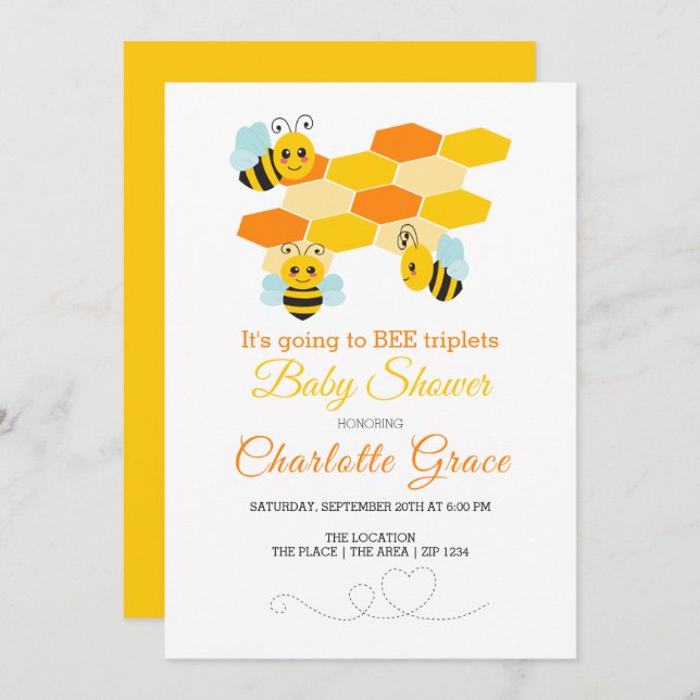 Cute Bumble Bee Triplets Personalised Baby Shower Invitation (Front/Back)