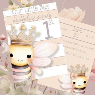 Cute Bumble Bee with Crown Blush Pink Ivory Invitation