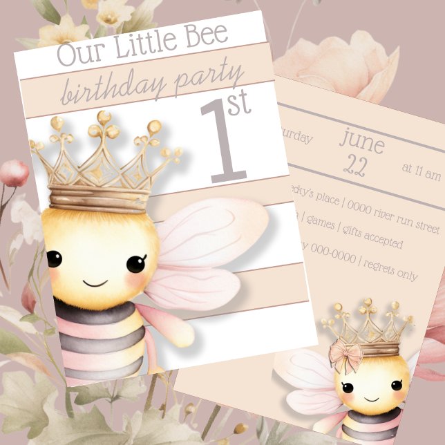 Cute Bumble Bee with Crown | Blush Pink | Ivory  Invitation (Cute bumble bee in blush pink, beige and ivory for baby's first birthday customizable invitation)