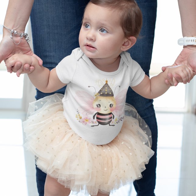 Cute bumble Bee with Flowers and Brown Hat  Baby Bodysuit (Cute pink bumble bee wearing a crown with flowers and cute pink wings and smiling.  Gift for girls. )
