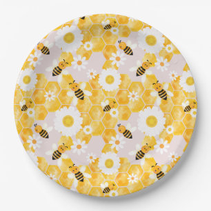 Cute Bumble Bee Yellow Honey Comb Baby Shower Paper Plate