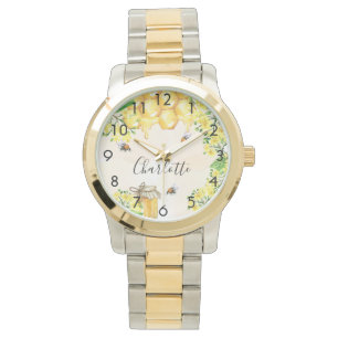 Cute bumble bees honey yellow monogram name watch