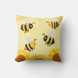 Cute Bumble Bees Sunflowers Honeycomb Pattern Cushion