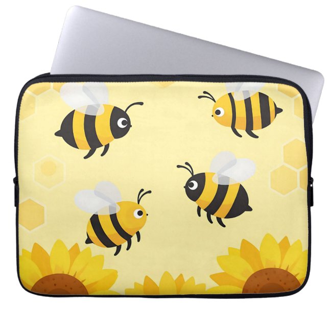 Cute Bumble Bees Sunflowers Honeycomb Pattern Laptop Sleeve (Front)