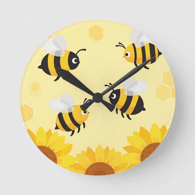 Cute Bumble Bees Sunflowers Honeycomb Pattern Round Clock (Front)