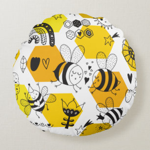 Cute Bumblebee and Rainbow Nursery Round Cushion