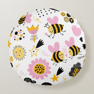 Cute Bumblebee and Rainbow Nursery Round Cushion