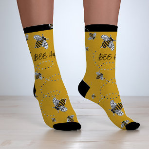 Cute Bumblebee Bee Happy Honeybees Yellow & Black Socks