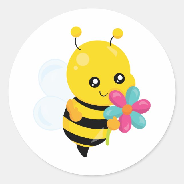 Cute bumblebee holding a flower classic round sticker (Front)