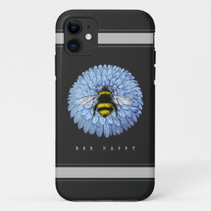 Cute Bumblebee on Blue Flower Nature Black iPhone 11 Case