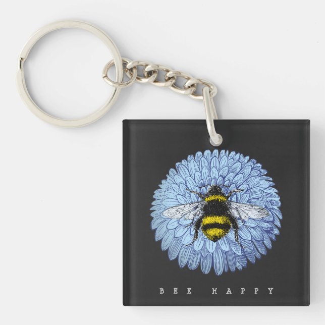 Cute Bumblebee on Blue Flower Nature Black Key Ring (Front)