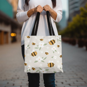 Cute Bumblebee Tote Bag, Floral Design Tote Bag