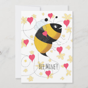 Cute Bumblebee with Pink Hearts on Yellow Daisies Holiday Card