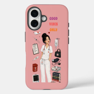 Cute Bun Brunette Nurse Good Vibes Only Pink Phone iPhone 16 Case