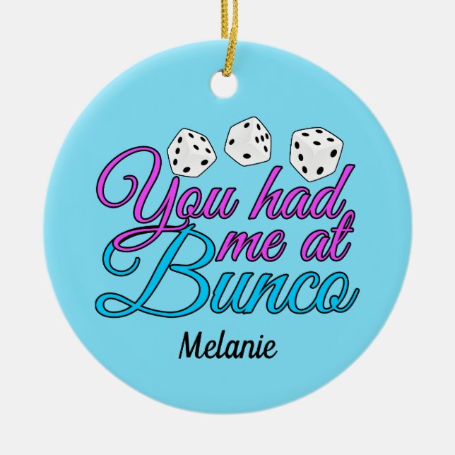 Cute Bunco Game Night Personalised Blue Christmas Ceramic Ornament (Front)