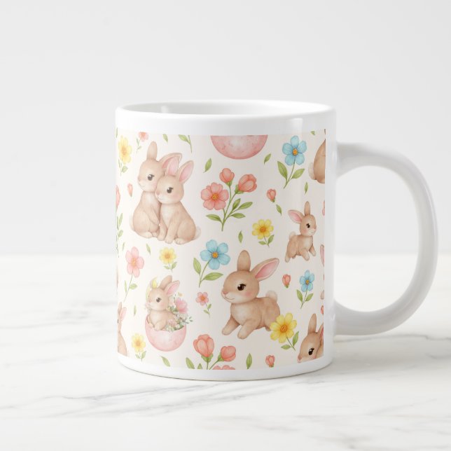 Cute Bunnies and Flowers Pattern Large Coffee Mug (Right)