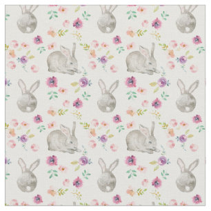 Cute Bunnies and Flowers. White. Fabric