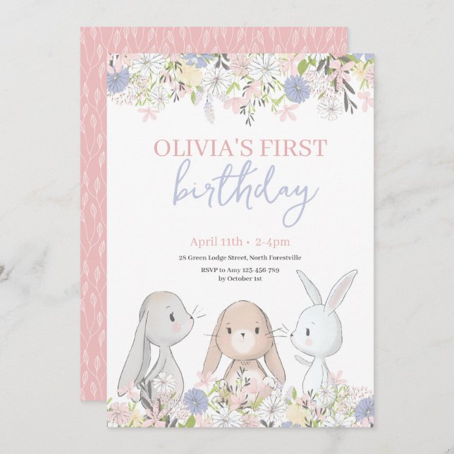 Cute Bunnies Birthday Invitation (Front/Back)