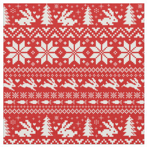 Cute Bunnies Christmas Holiday Pattern Red & White Fabric