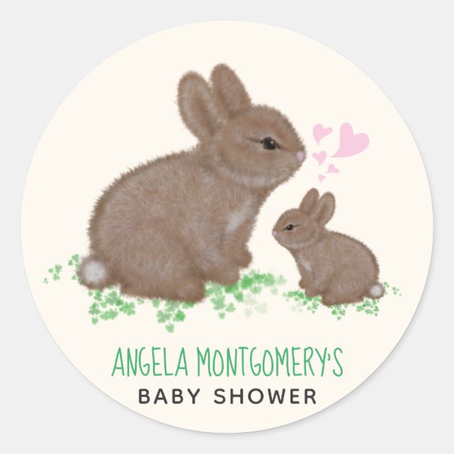Cute Bunnies Hearts Custom Baby Shower Classic Round Sticker (Front)