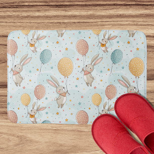 Cute Bunnies Holding Pastel Egg Balloons Bath Mat