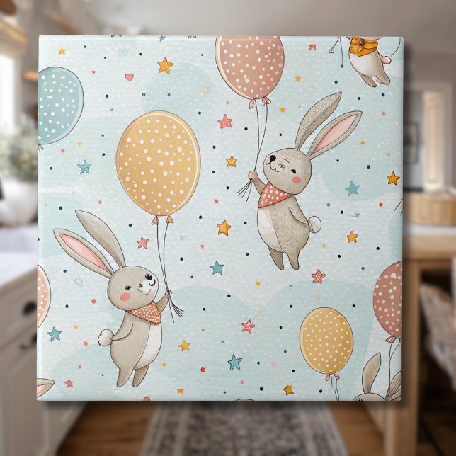 Cute Bunnies Holding Pastel Egg Balloons Ceramic Tile (Creator Uploaded)