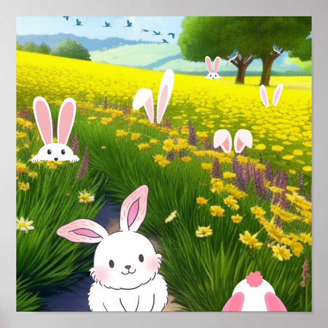 Cute Bunnies in a Field  Poster (Front)