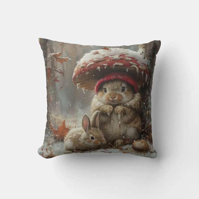 Cute Bunnies In Winter Throw Toss Pillow  (Front)