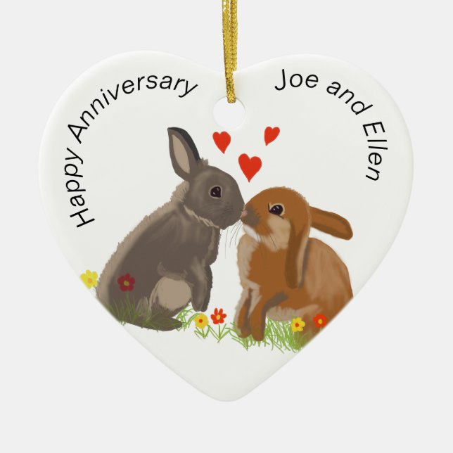 Cute Bunnies Kissing Anniversary Heart Ceramic Ornament (Front)