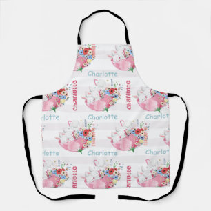 Cute Bunnies on Pink Floral Umbrella Pattern Name Apron