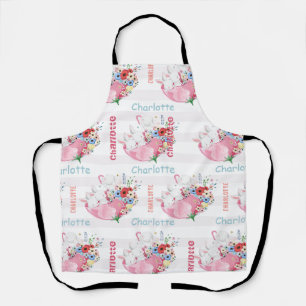 Cute Bunnies on Pink Floral Umbrella Pattern Name Apron