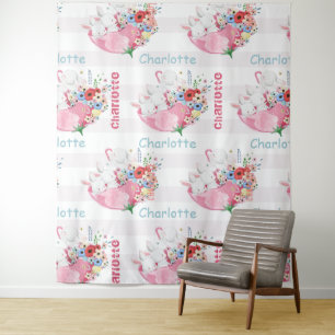 Cute Bunnies on Pink Floral Umbrella Pattern Name Tapestry