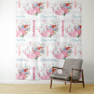 Cute Bunnies on Pink Floral Umbrella Pattern Name Tapestry