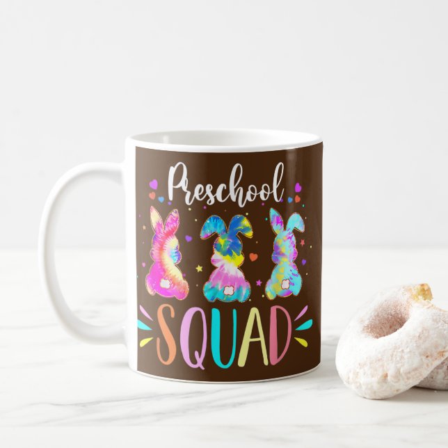 Cute Bunnies Preschool Teacher Squad Easter Day Coffee Mug (With Donut)