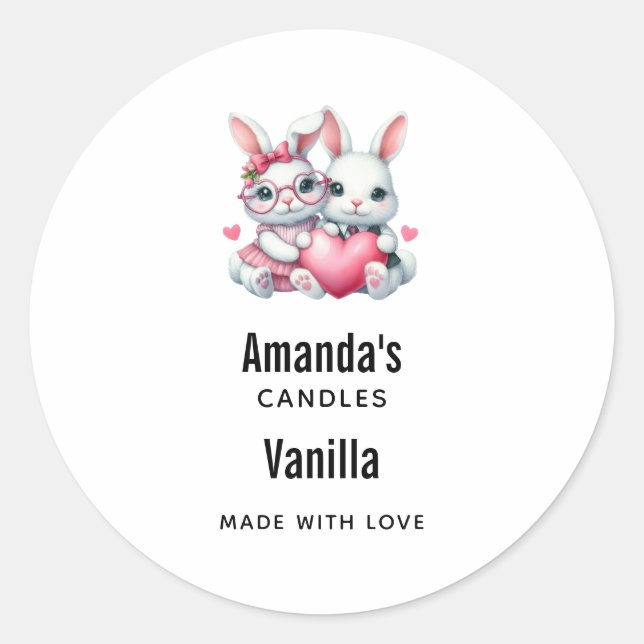 Cute Bunnies Sharing a Heart Candle Business Classic Round Sticker (Front)