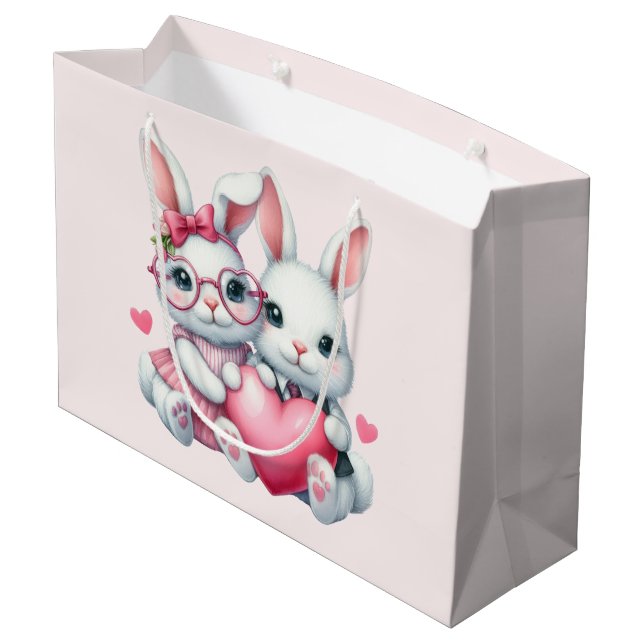 Cute Bunnies Sharing a Heart Large Gift Bag (Back Angled)