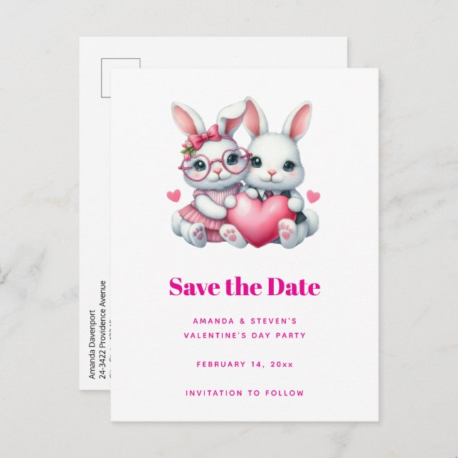 Cute Bunnies Sharing a Heart Valentine's Announcement Postcard (Front/Back)