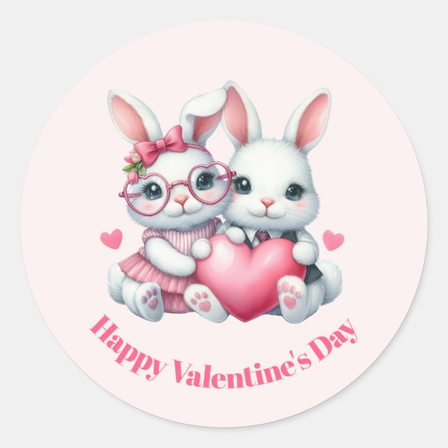 Cute Bunnies Sharing a Heart Valentine's Day Classic Round Sticker (Front)